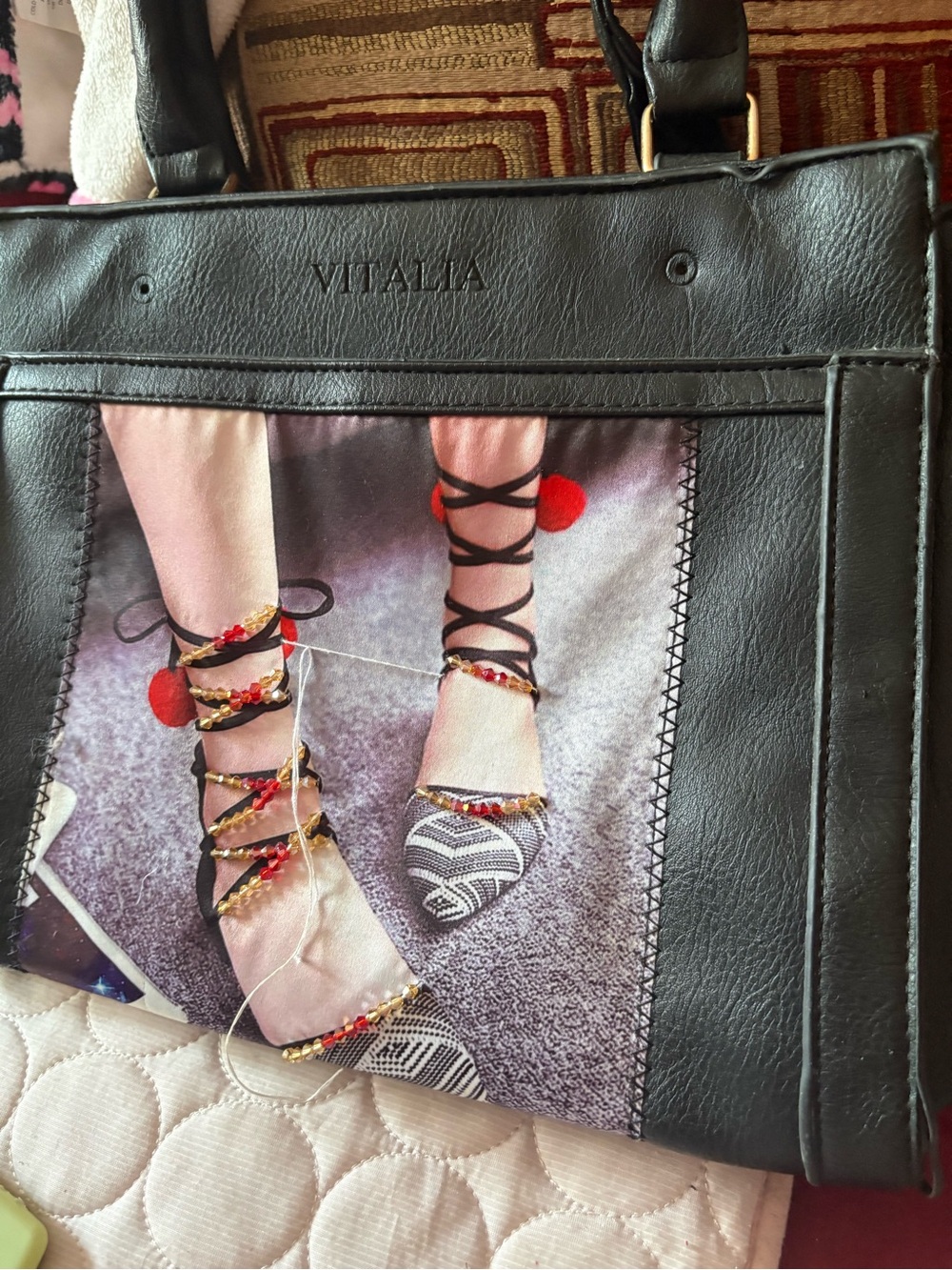 Black Leather Tote with Printed Panel
